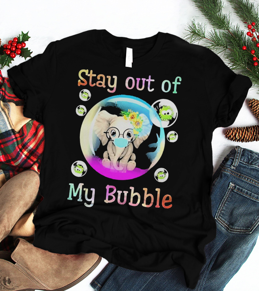 Stay Out Of My Bubble Elephant Cartoon With Face Mask And Virus Icons T-Shirt