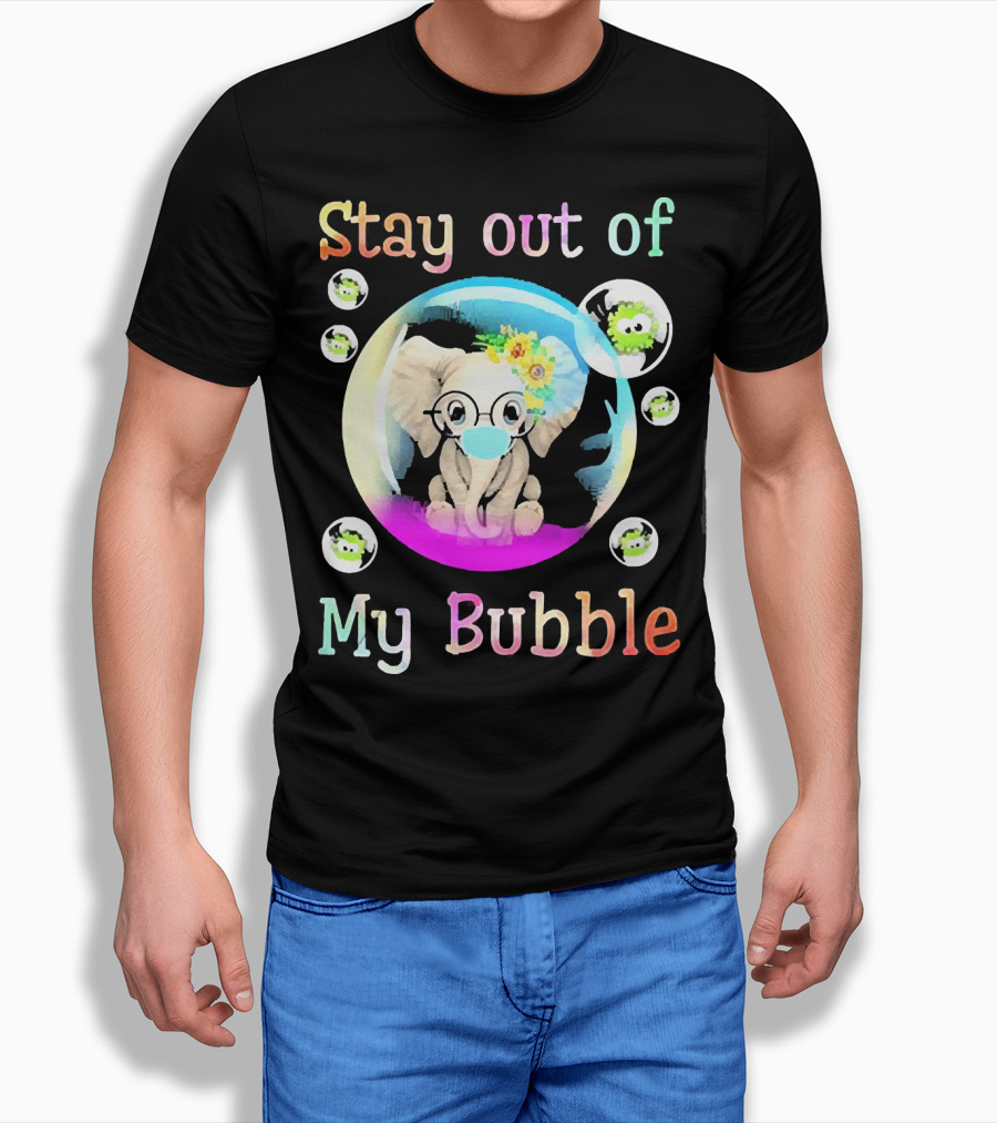 Stay Out Of My Bubble Elephant Cartoon With Face Mask And Virus Icons T-Shirt