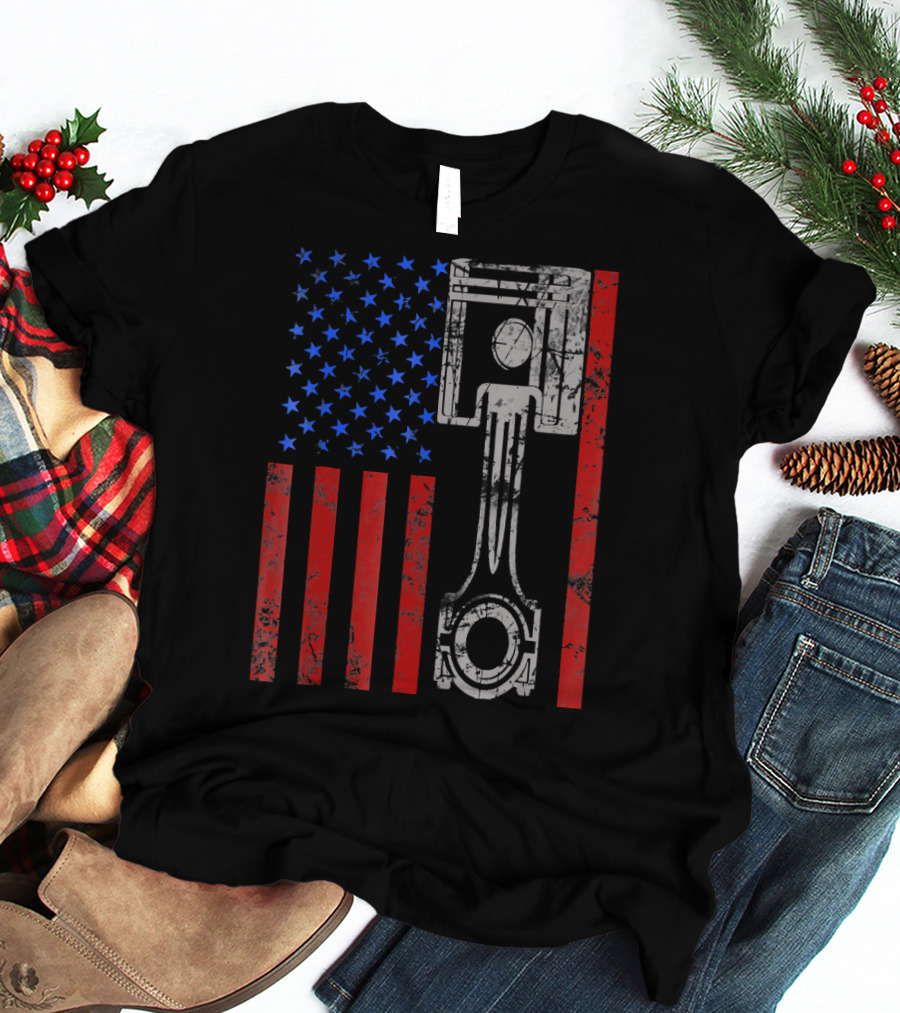 American Flag Muscle Car Piston Patriotic T-Shirt