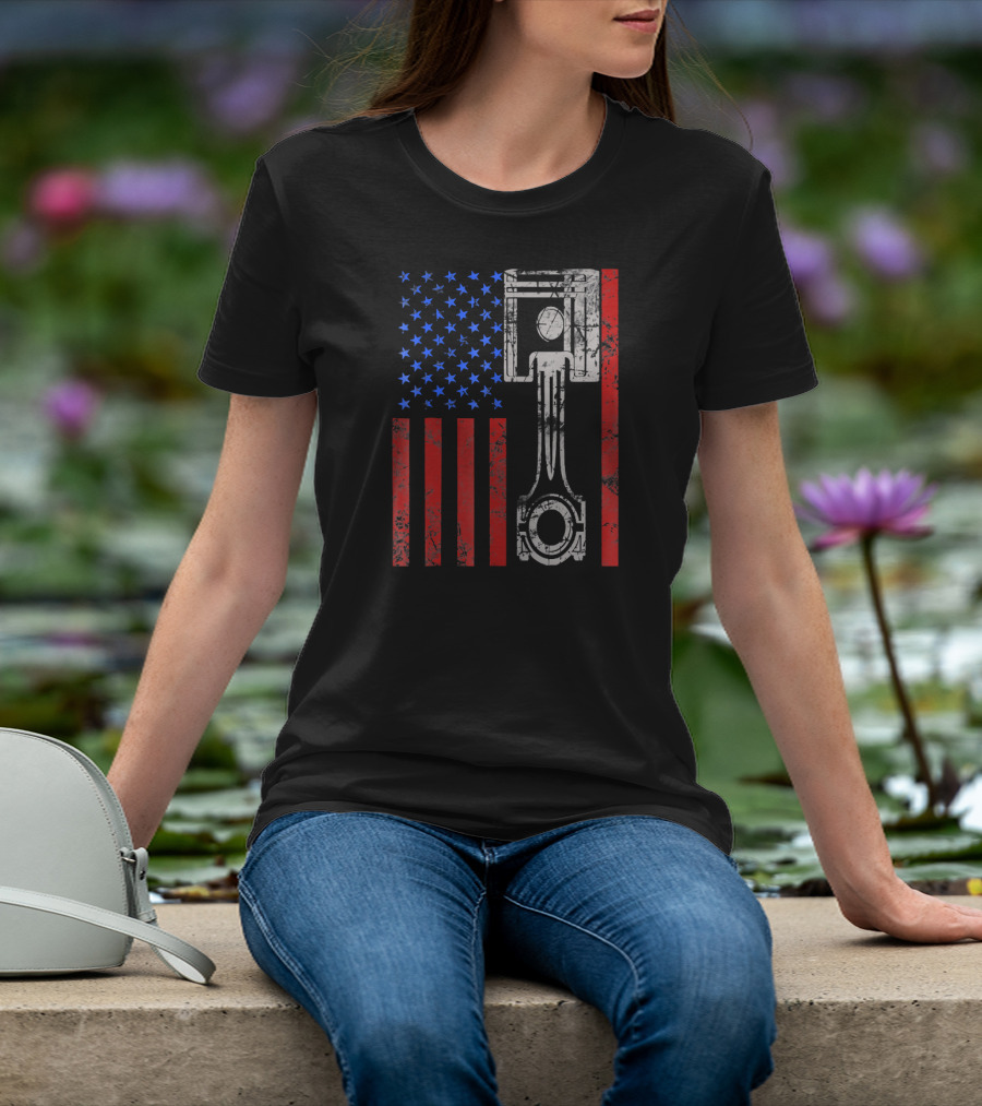 American Flag Muscle Car Piston Patriotic T-Shirt