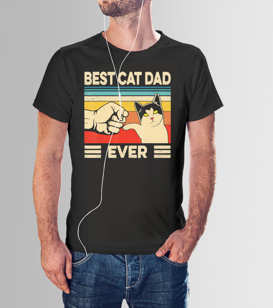 Best Cat Dad Ever Fist Bump Retro Cat T-Shirt