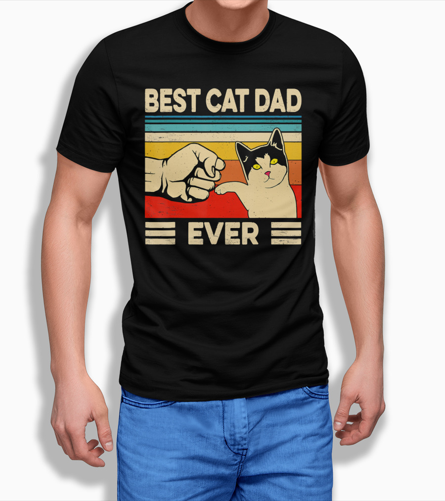 Best Cat Dad Ever Fist Bump Retro Cat T-Shirt