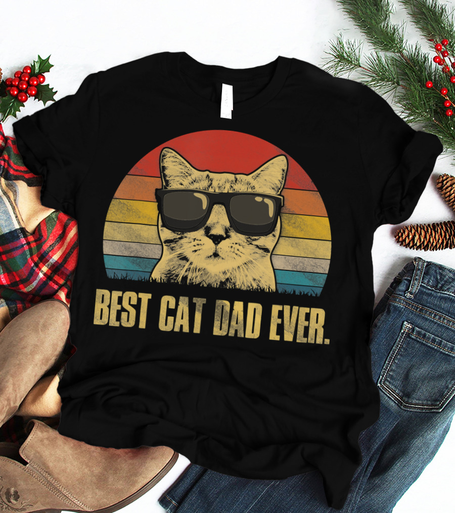 Best Cat Dad Ever Funny Cat Dad Father Retro Sunglasses T-Shirt