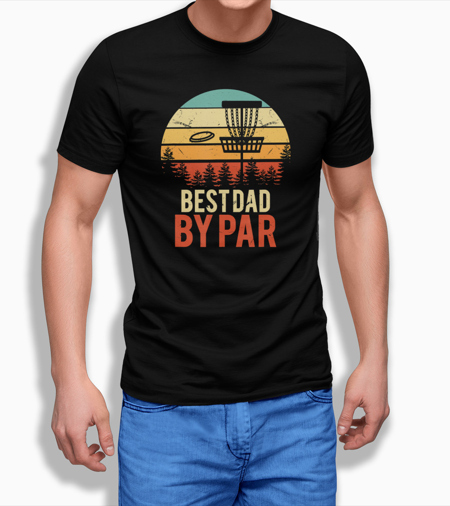 Best Dad By Par Disc Golf Dad Retro Sunset Forest Scene T-Shirt