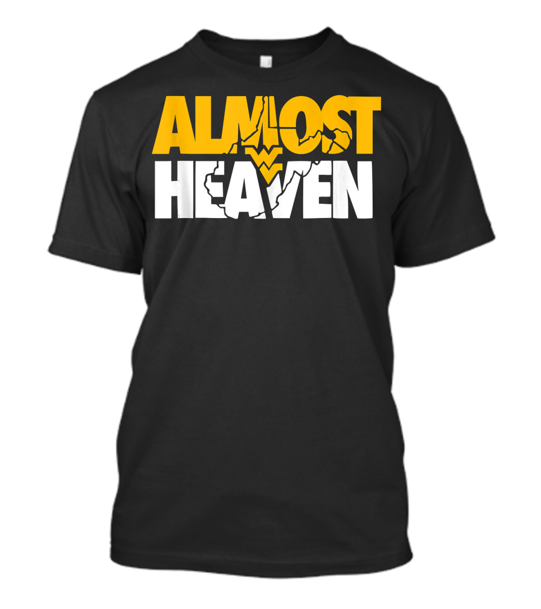 Almost Heaven West Virginia Bold Text With State Silhouette And Mountain Elements T-Shirt