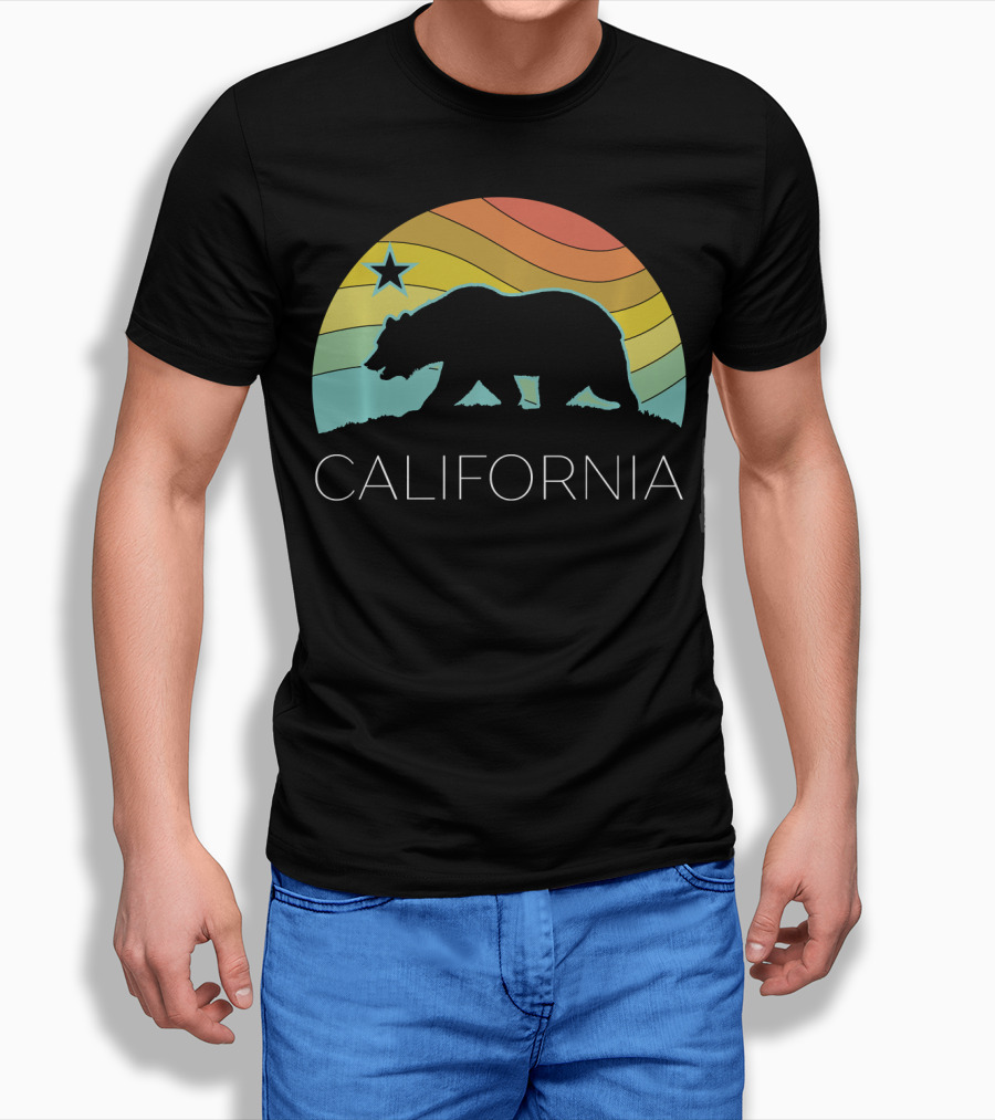 Retro California Bear Vintage Beach Cali Pride Surf 70s 80s Star Rainbow T-Shirt