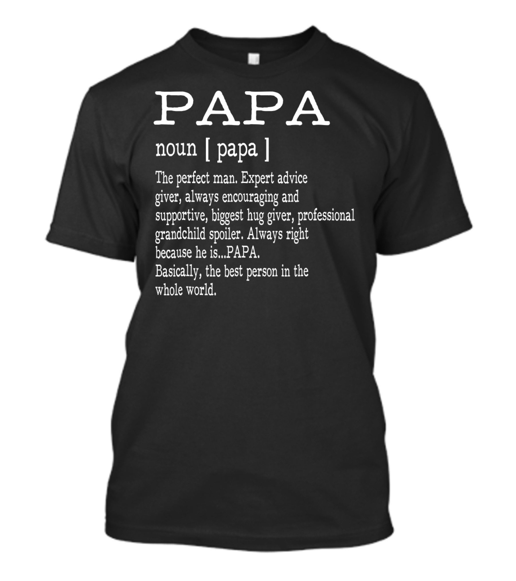Papa Noun Definition Perfect Man Expert Advice Giver Encouraging Supportive Hug Giver Grandchild Spoiler Always Right Best Person Father's Day T-Shirt
