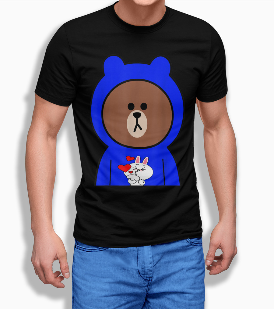 Brown Bear in Blue Hoodie with Cony Bunny Love Hearts T-Shirt