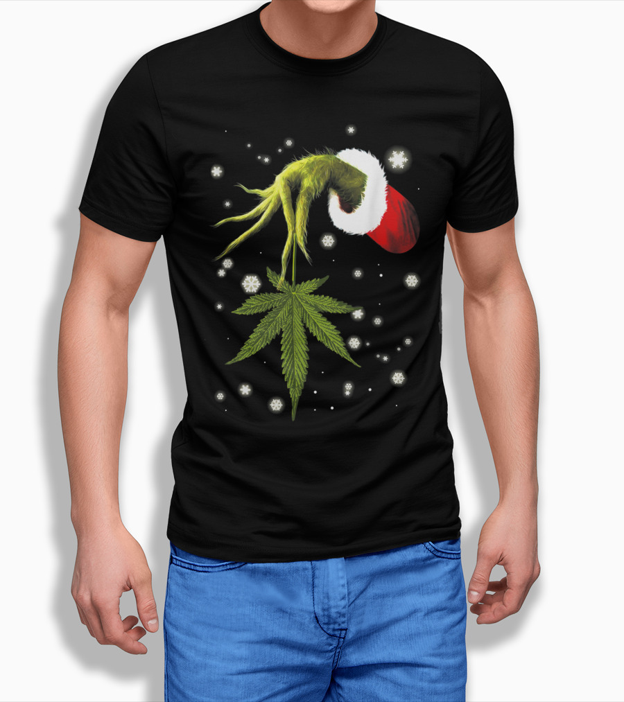 Grinch Hand Holding Cannabis Leaf With Santa Hat And Snowflakes T-Shirt