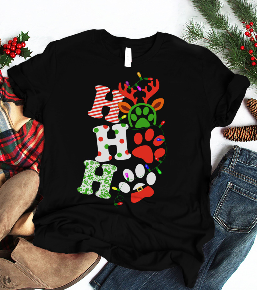 Ho Ho Ho Christmas Dog Paw Santa Lights Reindeer Antlers T-Shirt