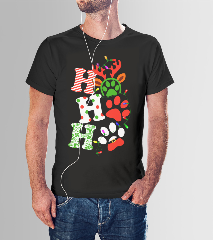 Ho Ho Ho Christmas Dog Paw Santa Lights Reindeer Antlers T-Shirt
