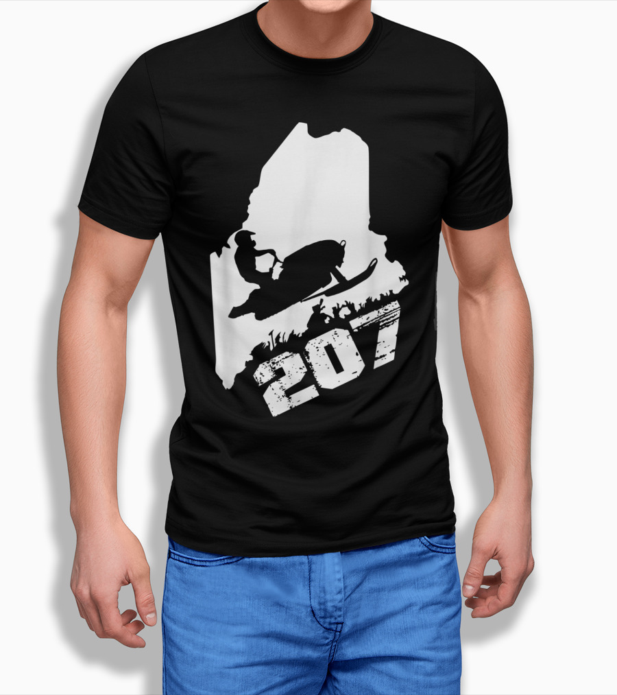Maine 207 Snowmobile Silhouette In State Outline T-Shirt