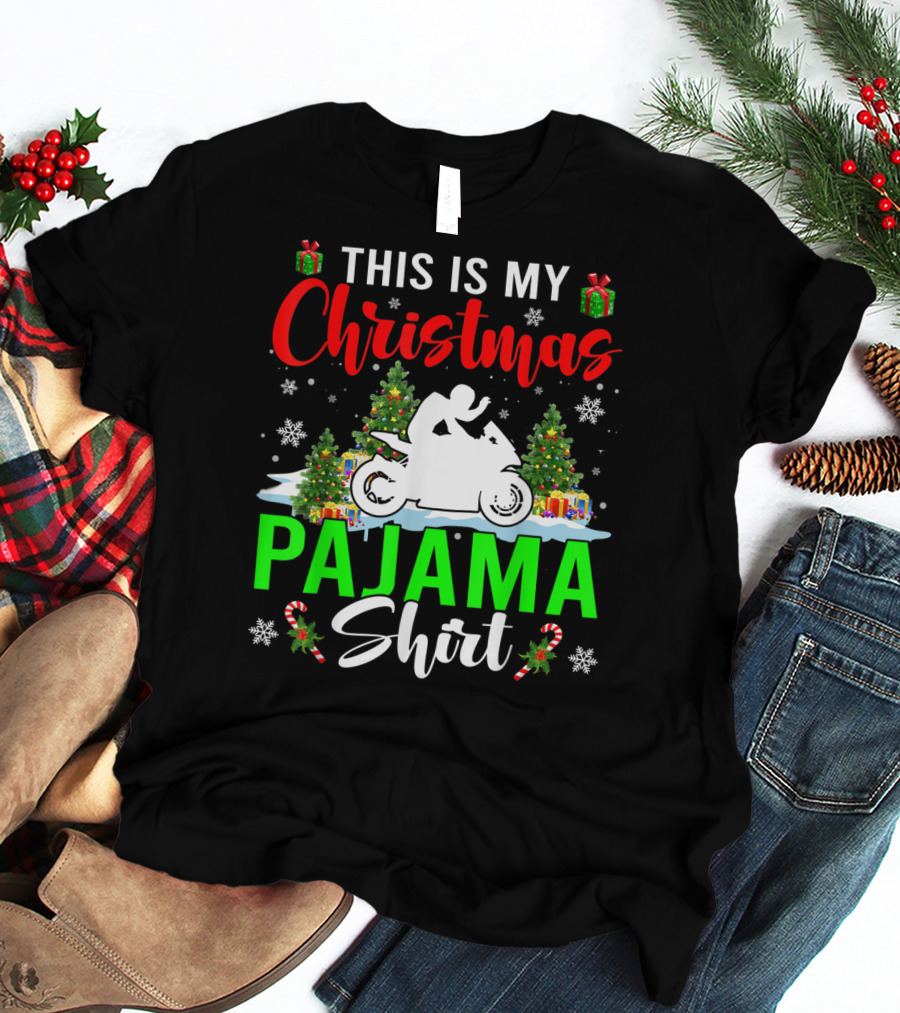 This Is My Christmas Pajama Shirt Snowflakes Motorbike Trees Presents T-Shirt