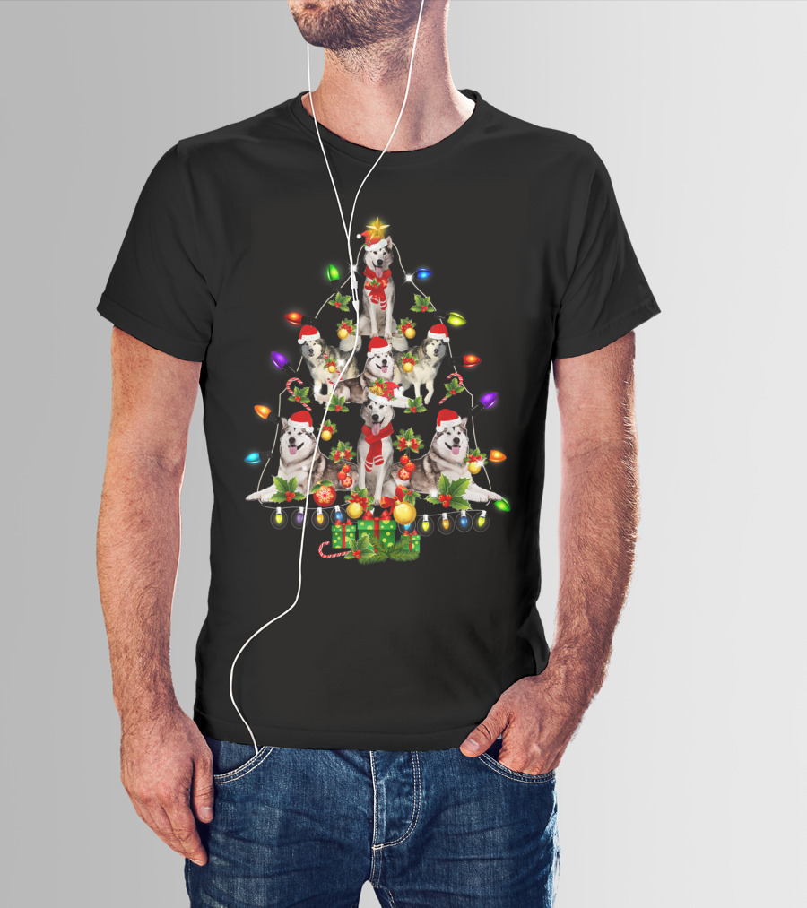 Alaskan Malamute Christmas Tree With Funny Dogs And Festive Lights T-Shirt