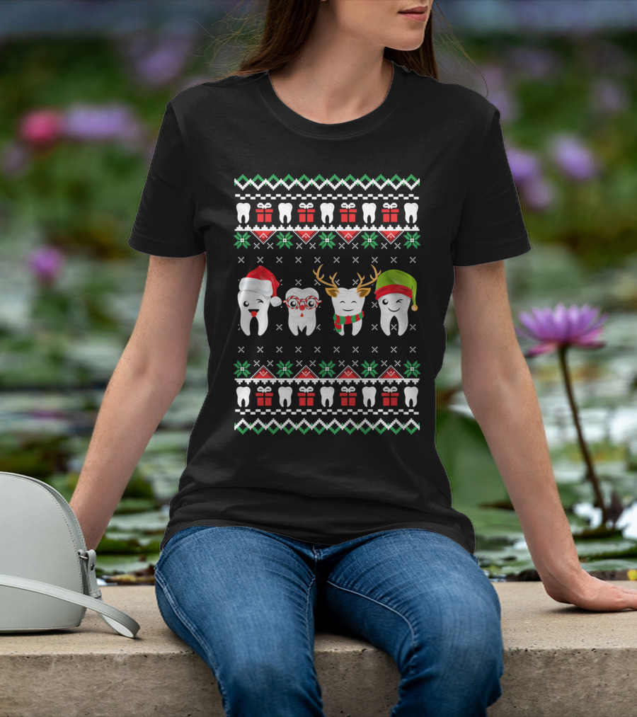 Dentist Ugly Christmas Teeth Santa Reindeer Glasses T-Shirt
