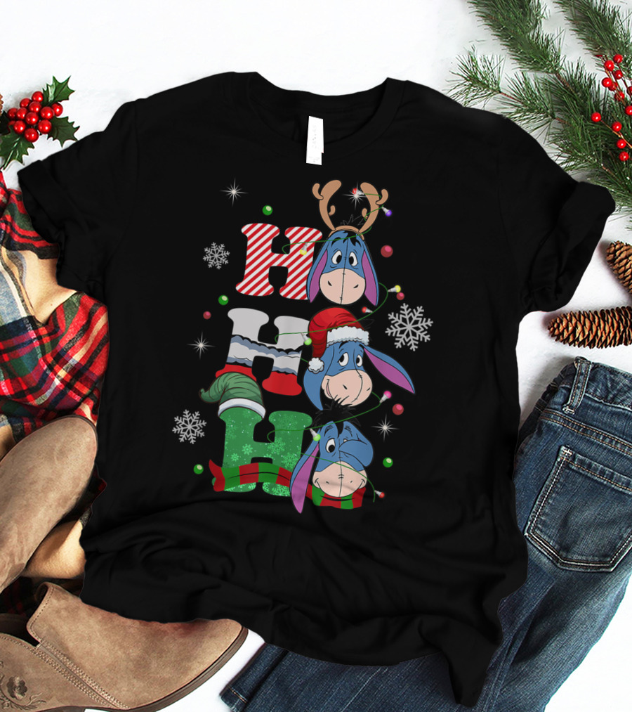 Eeyore Christmas Donkey Santa Reindeer Ho Ho Ho Snowflakes T-Shirt