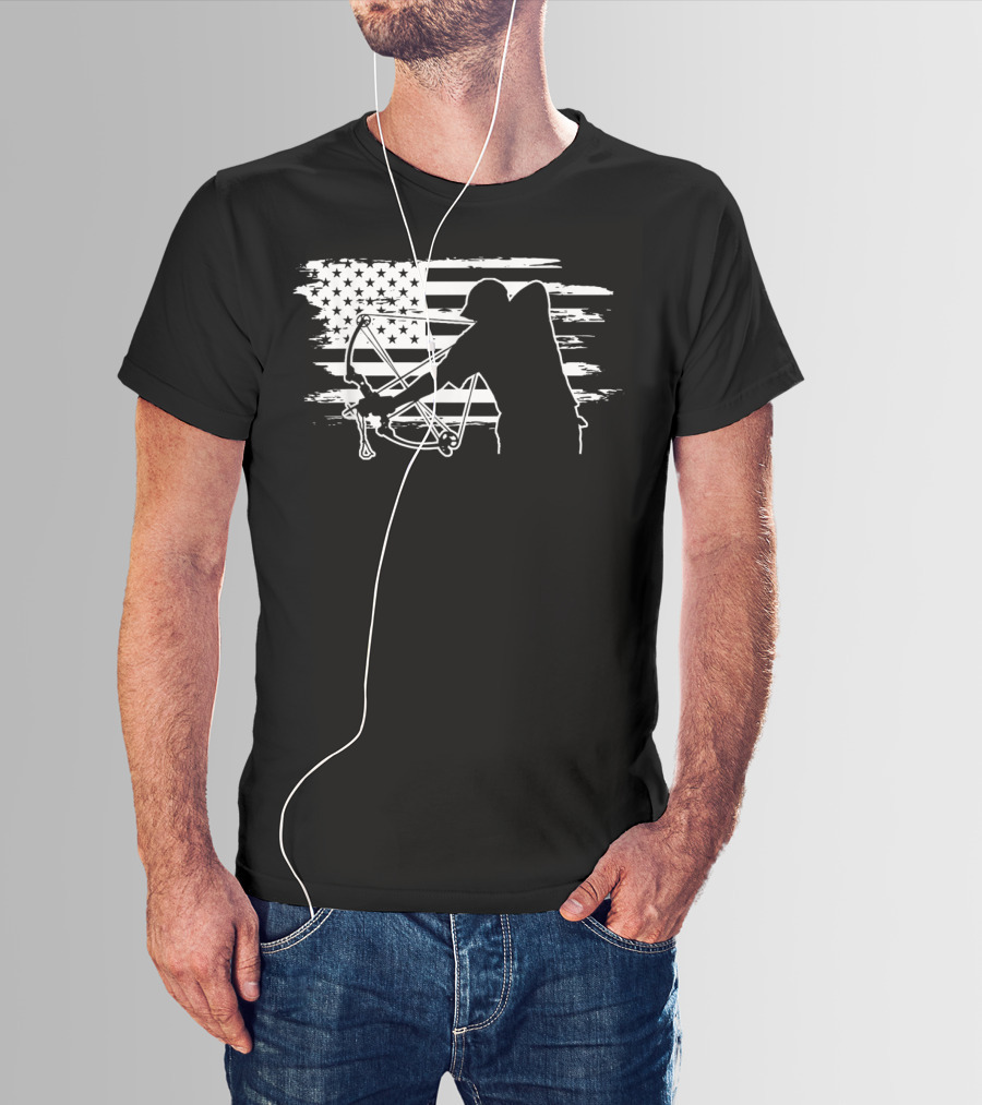 Dad Bowfishing Archer Silhouette With American Flag Background T-Shirt