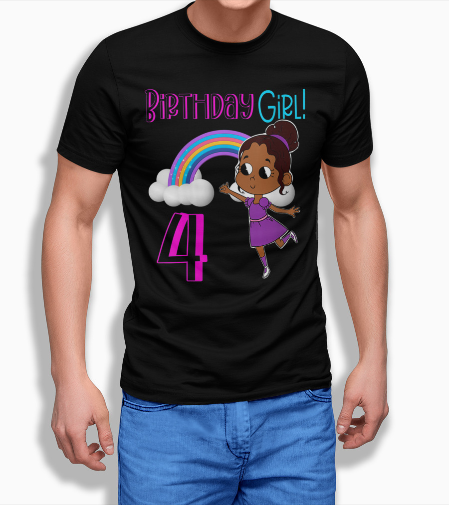 Birthday Girl 4 African American Rainbow and Girl in Purple Dress T-Shirt
