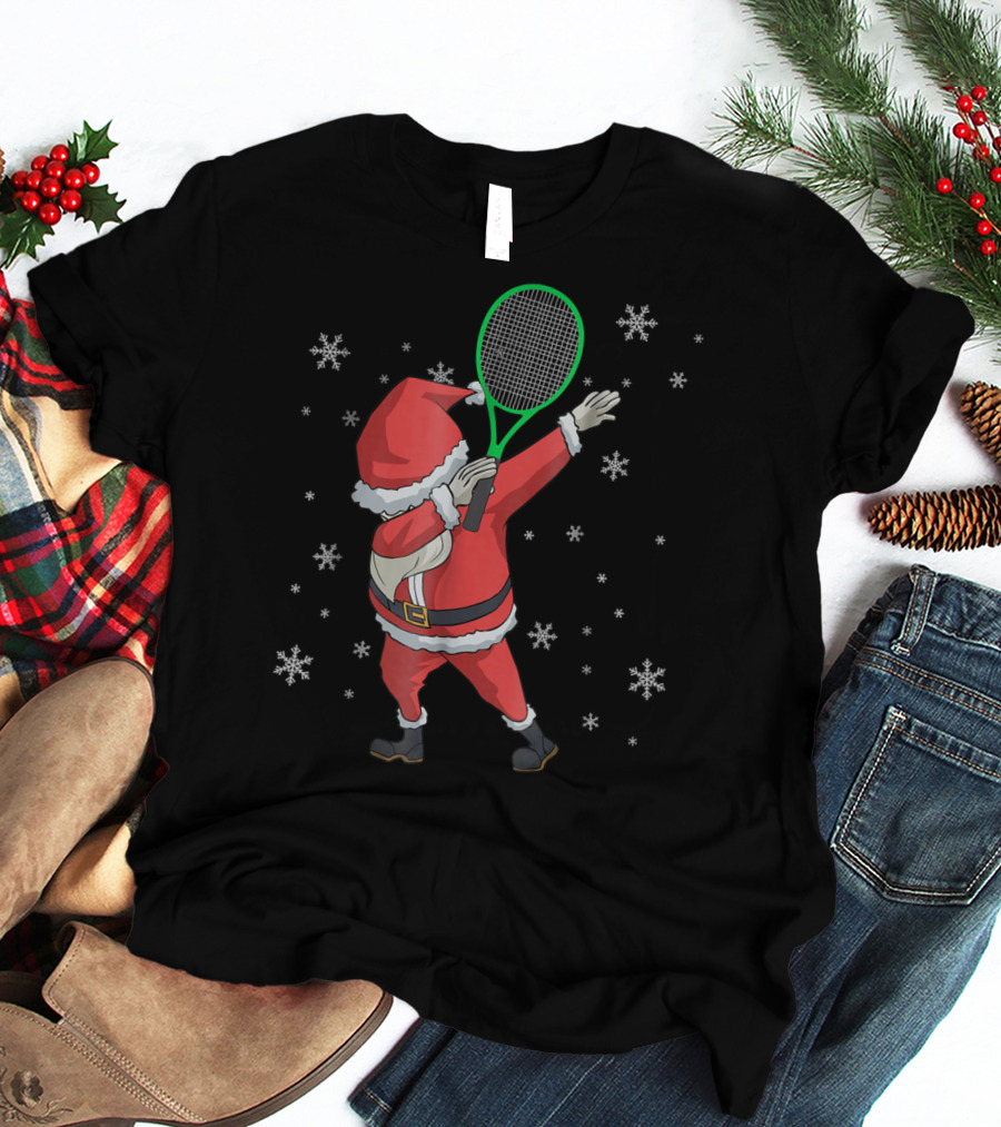 Dabbing Santa Claus With Tennis Racket And Snowflakes T-Shirt
