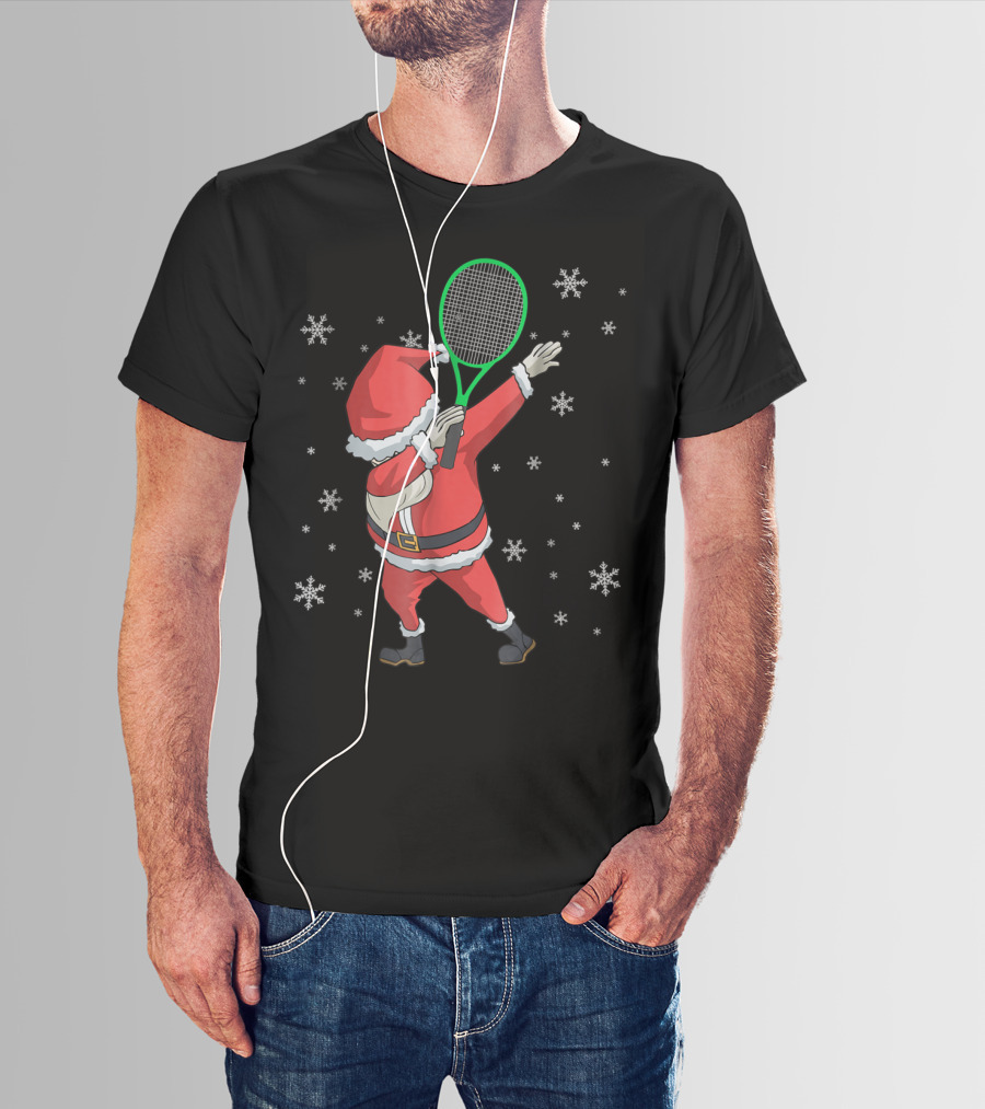 Dabbing Santa Claus With Tennis Racket And Snowflakes T-Shirt
