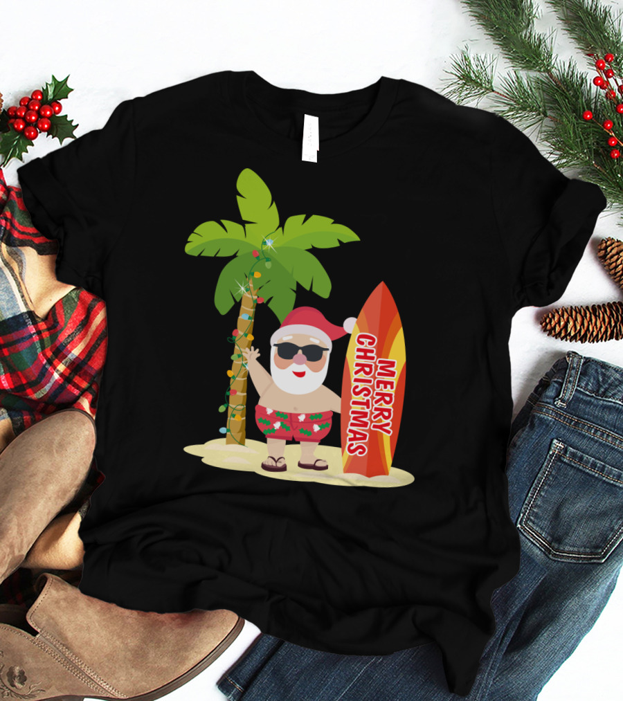 Merry Christmas Hawaiian Funny Ugly Cute Surfing Santa Holiday T-Shirt