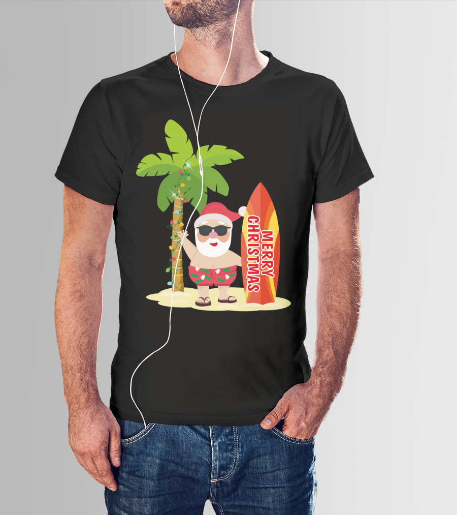 Merry Christmas Hawaiian Funny Ugly Cute Surfing Santa Holiday T-Shirt