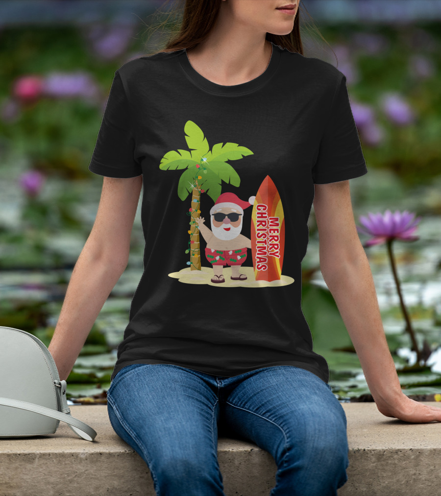 Merry Christmas Hawaiian Funny Ugly Cute Surfing Santa Holiday T-Shirt