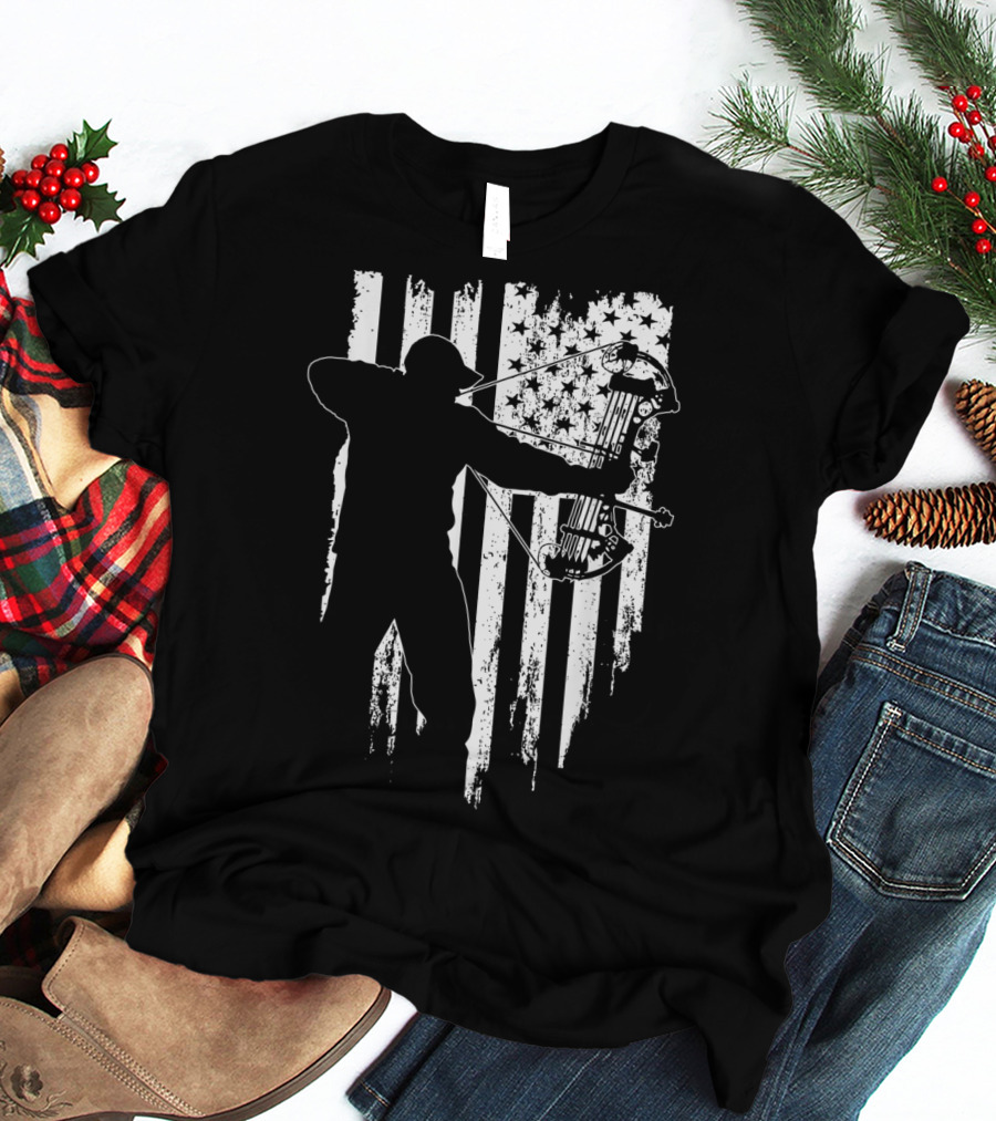 American Patriotic Archer Silhouette With Compound Bow And Flag T-Shirt