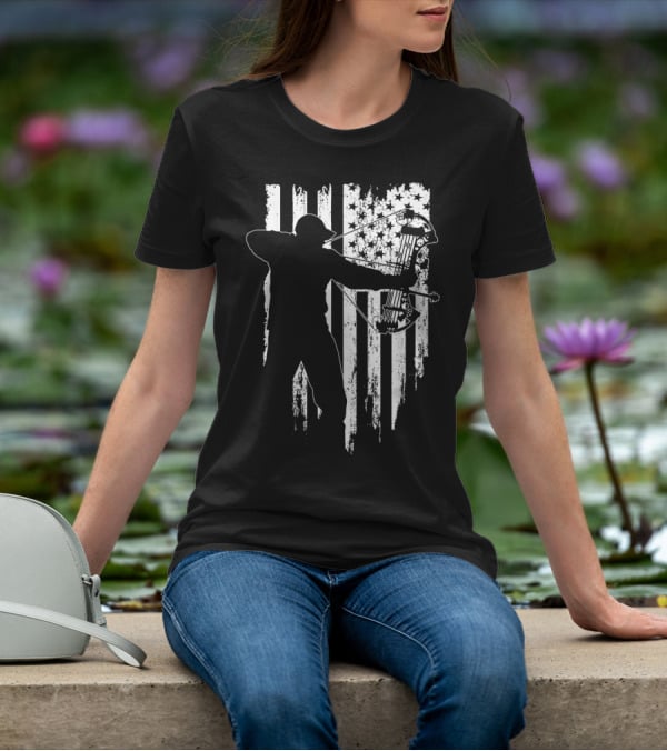 American Patriotic Archer Silhouette With Compound Bow And Flag T-Shirt