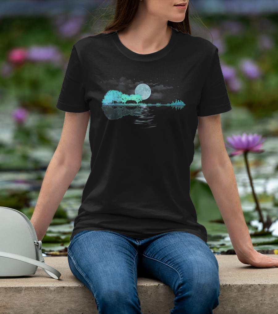 Acoustic Guitar Player Birthday Moonlit Lake Scene T-Shirt