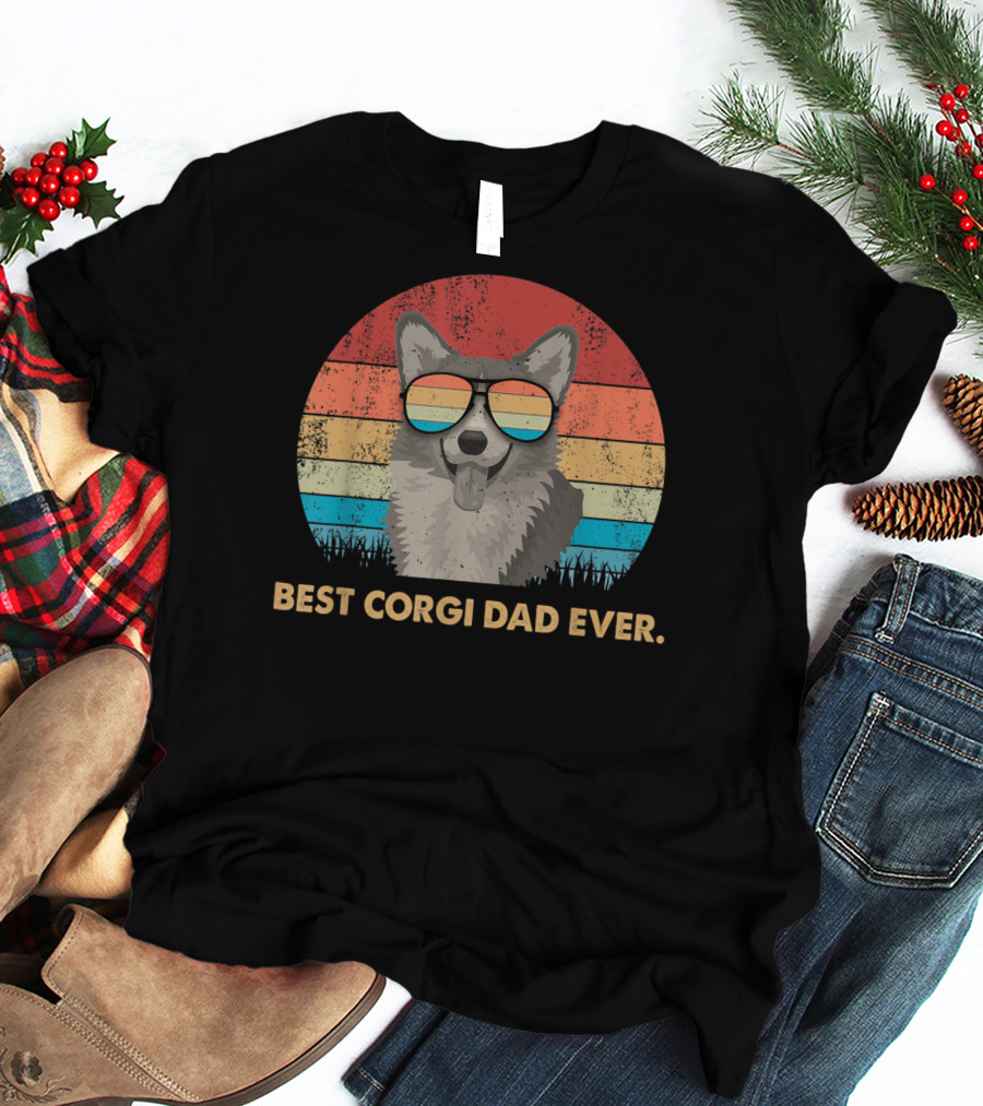 Best Corgi Dad Ever Vintage Retro Dog With Sunglasses T-Shirt