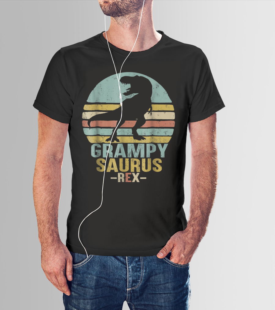 Grampysaurus Rex Funny Dinosaur Retro Sunset Stripes Grampy Sau T-Shirt