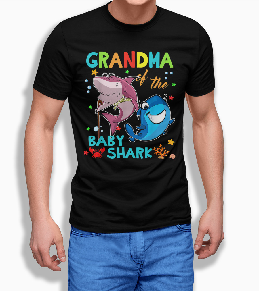 Grandma Of The Baby Shark With Colorful Cartoon Sharks And Sea Creatures T-Shirt