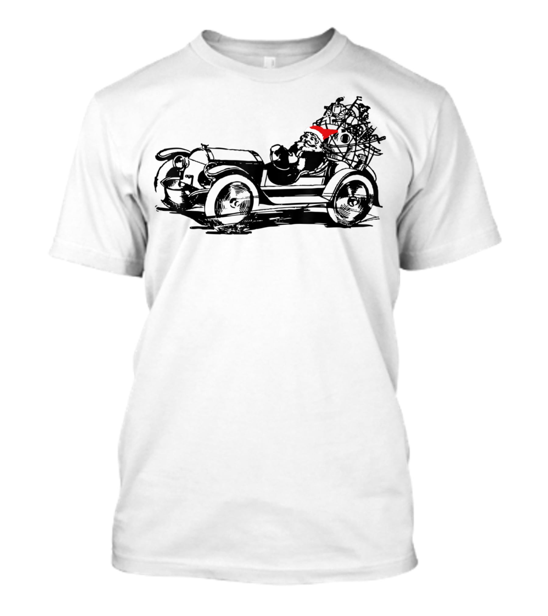 Santa Driving Vintage Car With Christmas Tree Load T-Shirt