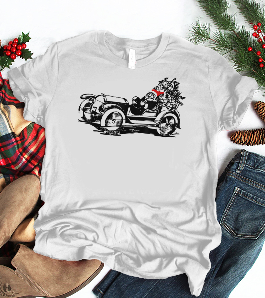 Santa Driving Vintage Car With Christmas Tree Load T-Shirt