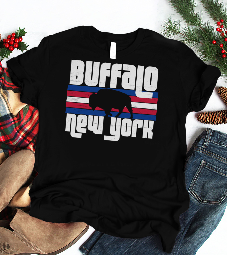 Buffalo New York Bison Silhouette Retro Stripes T-Shirt