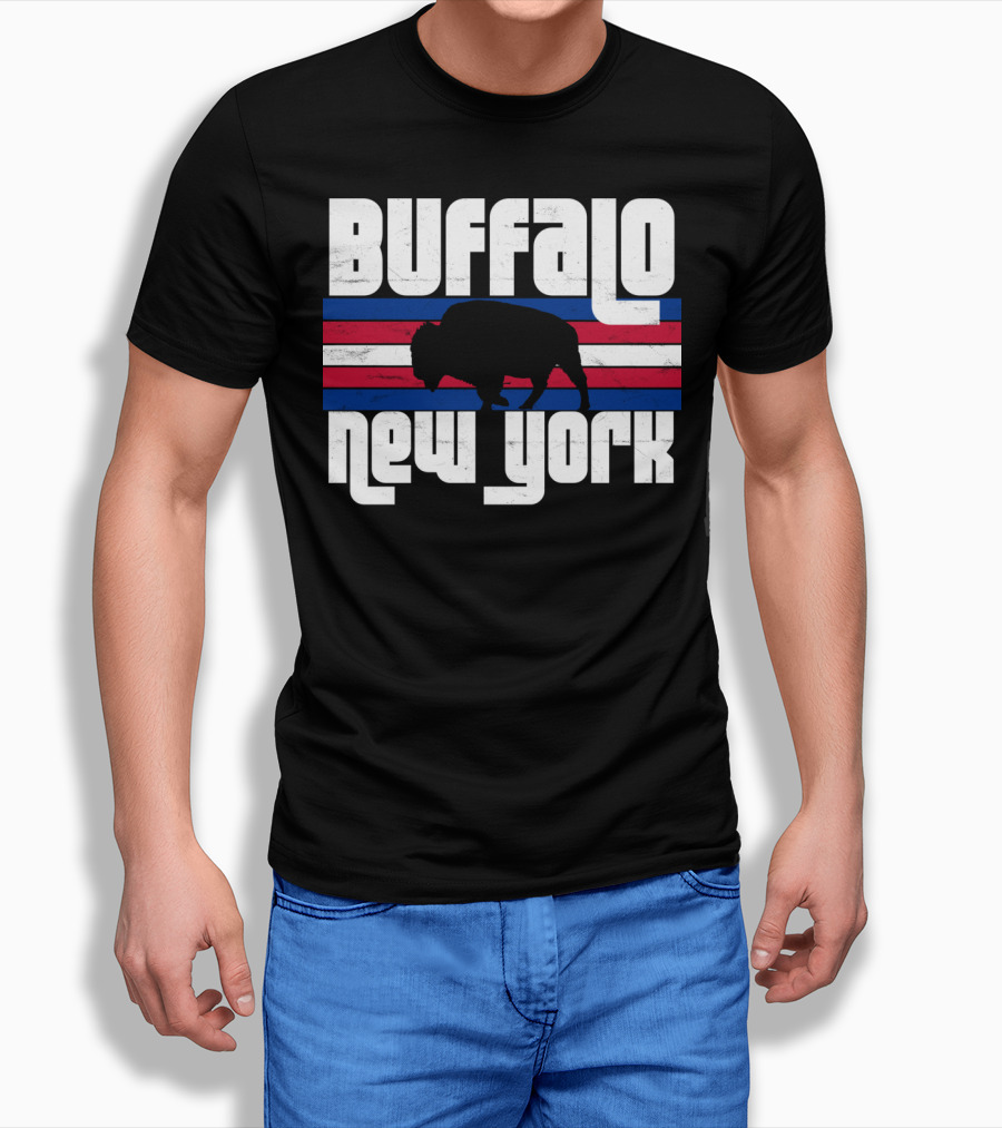 Buffalo New York Bison Silhouette Retro Stripes T-Shirt