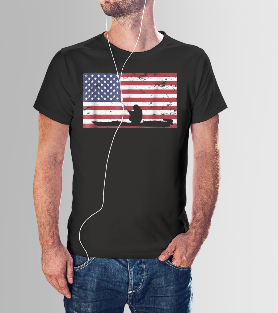 Kayak Fishing Silhouette On Distressed American Flag T-Shirt