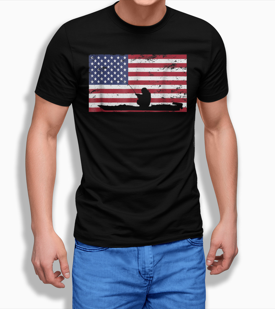 Kayak Fishing Silhouette on Distressed American Flag T-Shirt