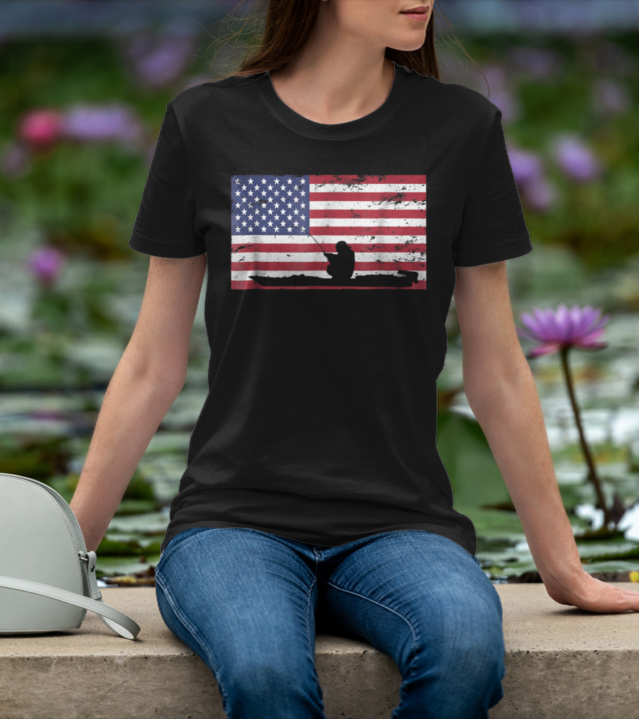 Kayak Fishing Silhouette On Distressed American Flag T-Shirt