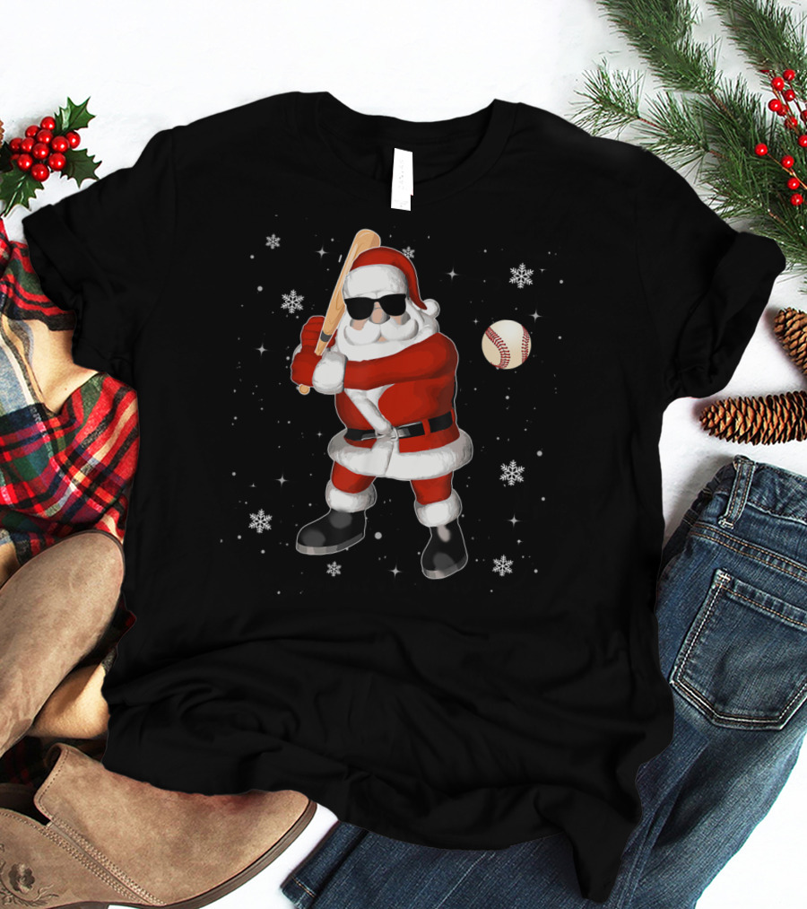 Santa Baseball Snowflake Batting Holiday T-Shirt