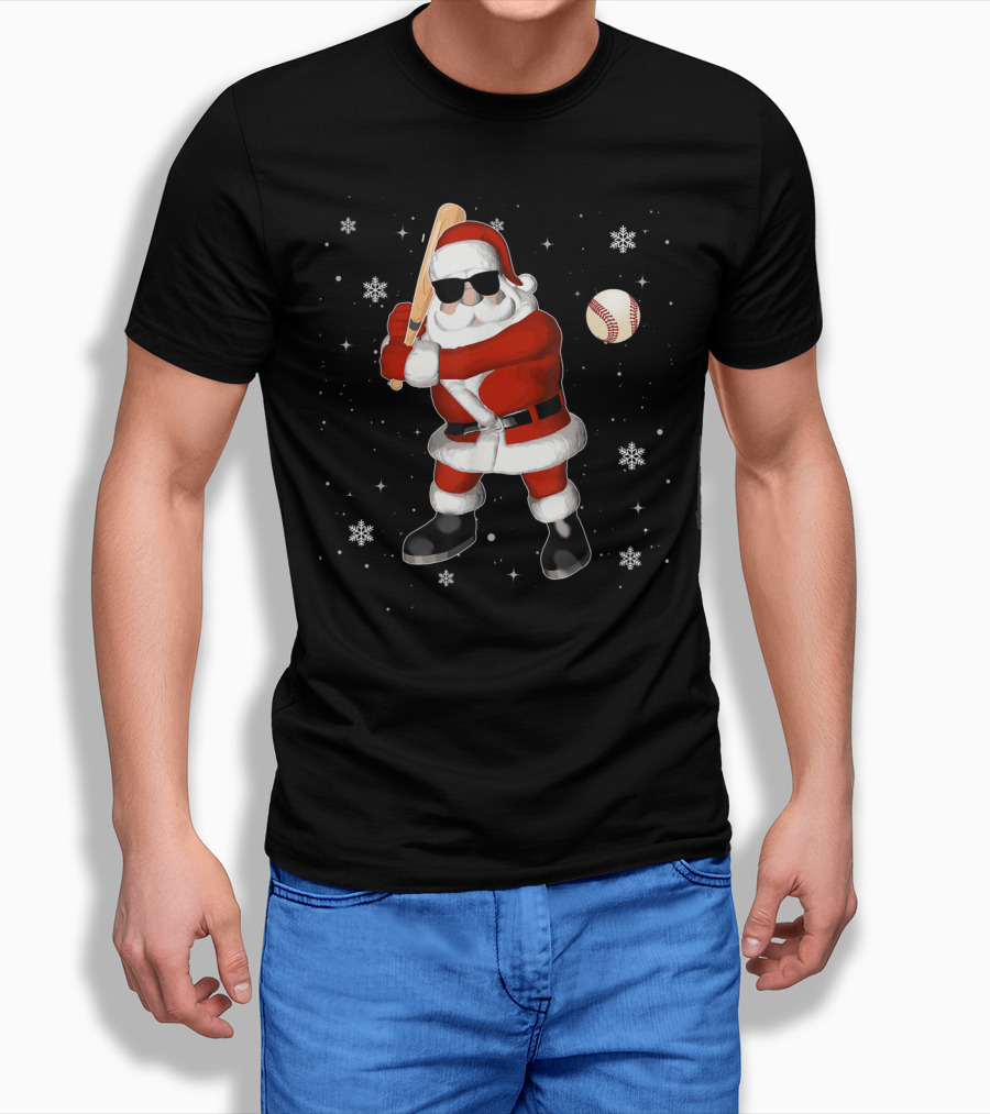Santa Baseball Snowflake Batting Holiday T-Shirt