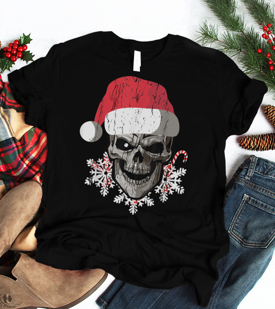 Skull Santa Hat Snowflakes Candy Cane T-Shirt