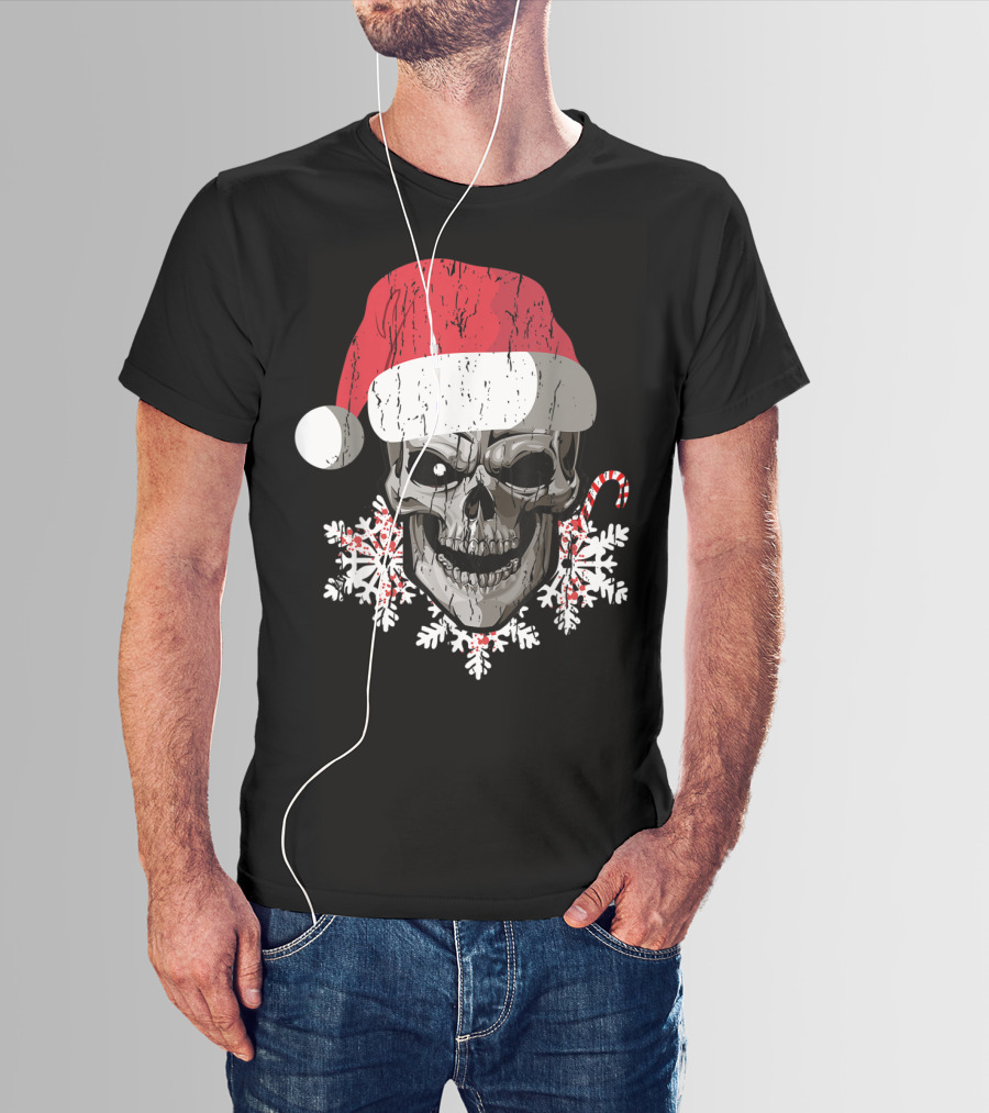 Skull Santa Hat Snowflakes Candy Cane T-Shirt