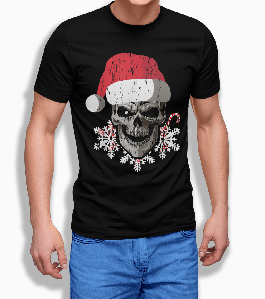 Skull Santa Hat Snowflakes Candy Cane T-Shirt
