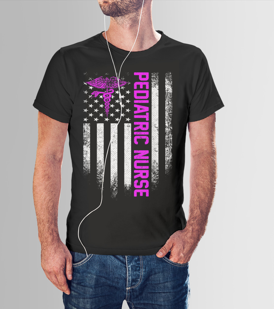 Pediatric Nurse American Flag Vintage USA Caduceus T-Shirt