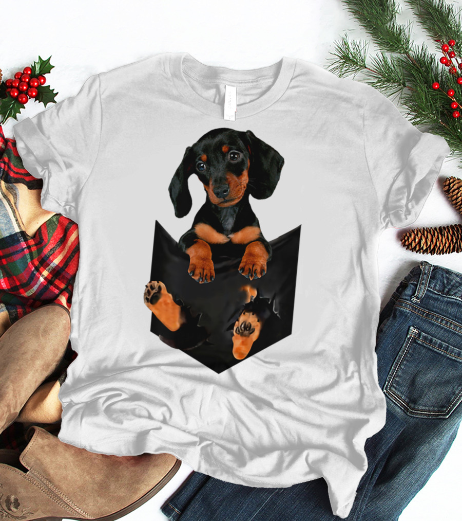 Doxie Dachshund Puppy Dog In Pocket T-Shirt