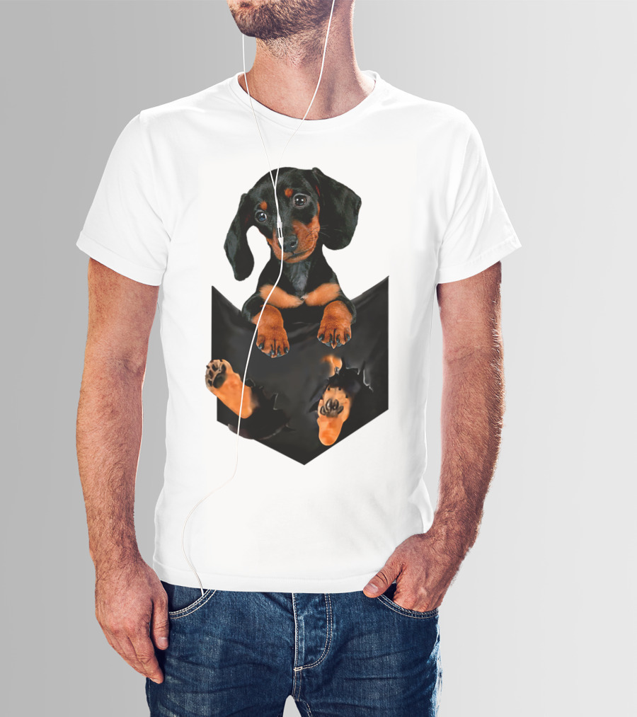 Doxie Dachshund Puppy Dog In Pocket T-Shirt