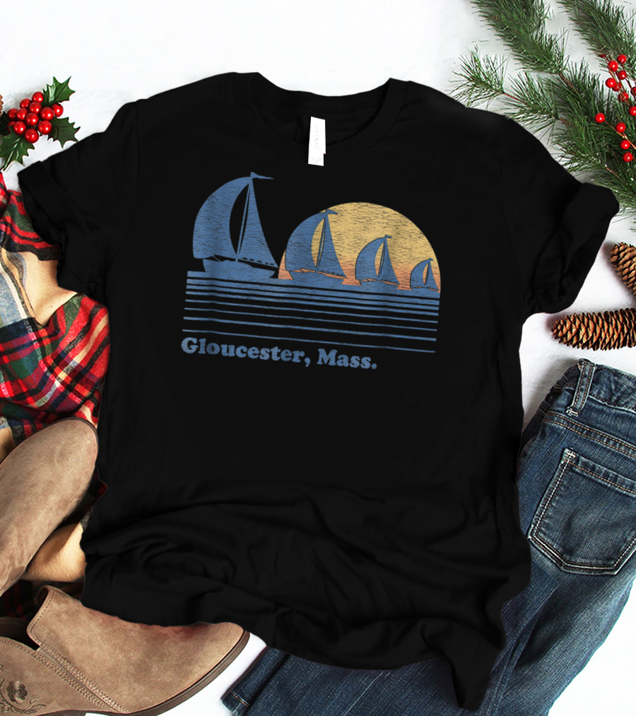 Gloucester Mass Vintage Sailboats And Sunset Scene T-Shirt