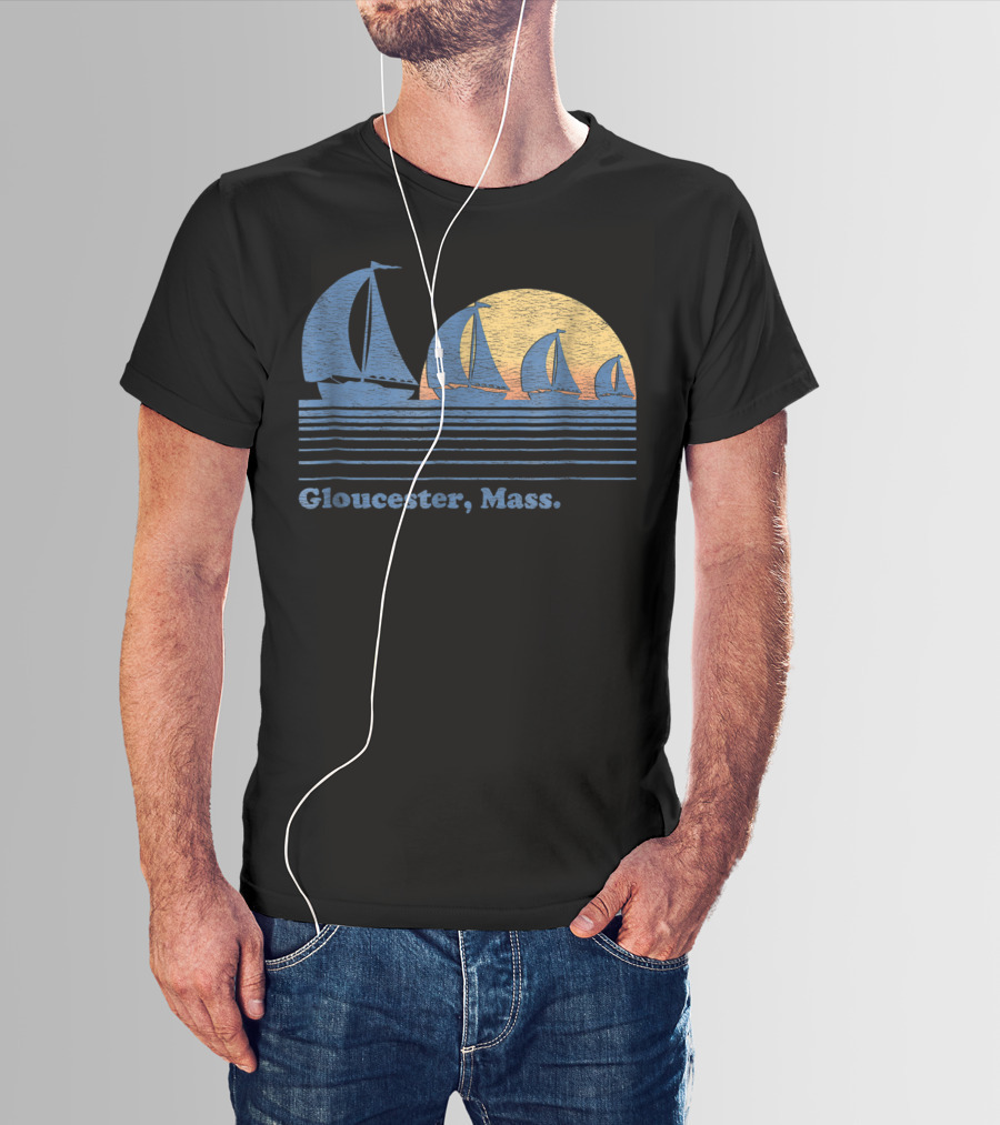 Gloucester Mass Vintage Sailboats And Sunset Scene T-Shirt